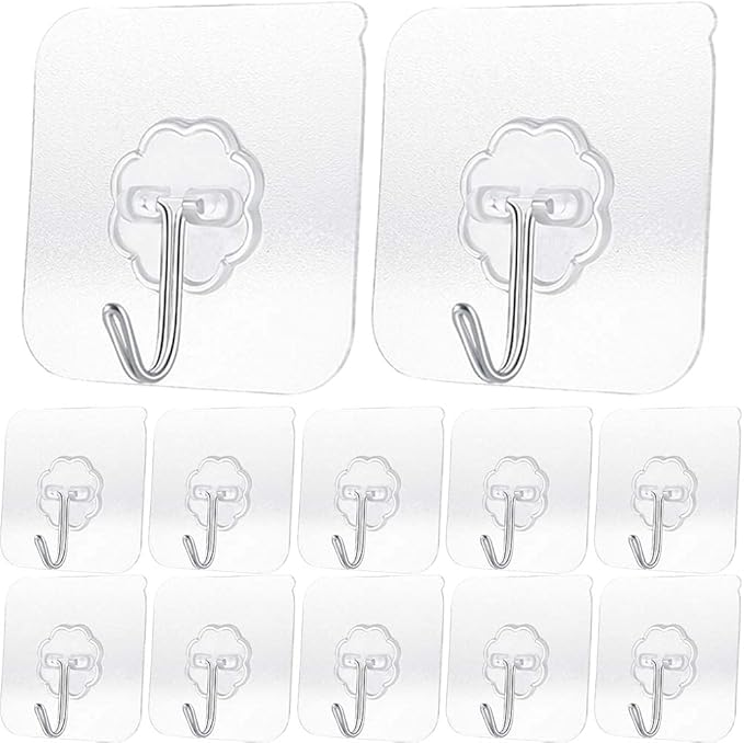 20 Pack Transparent Adhesive Hooks 30 lb(Max), Waterproof and Oilproof Reusable Seamless Hooks, Heavy Duty Wall Hook for Kitchen Bathroom Office