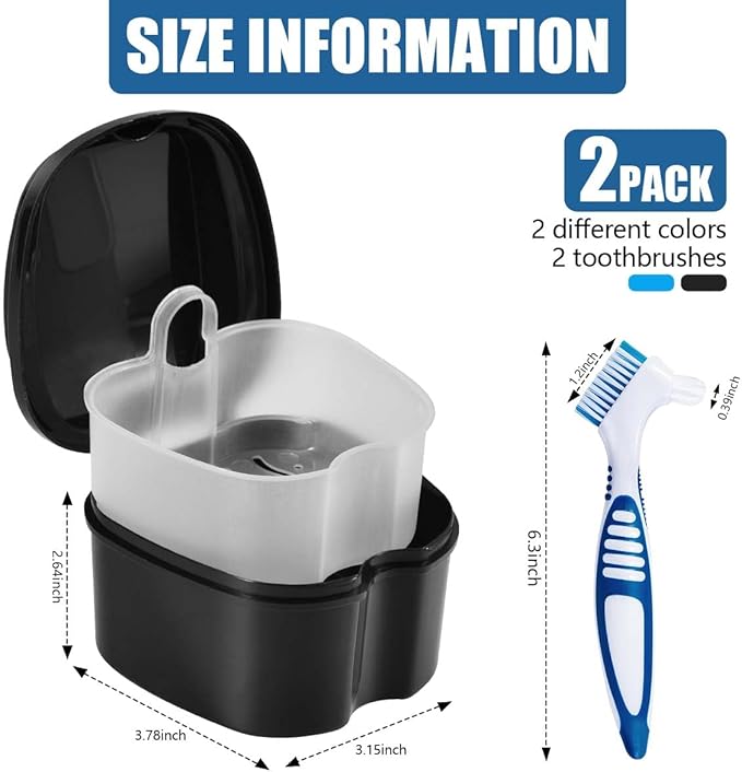 2 Pack Denture Bath Case Cup Box Holder Storage Container with Denture Cleaner Brush Strainer Basket for Travel Cleaning (Light Blue and Black)