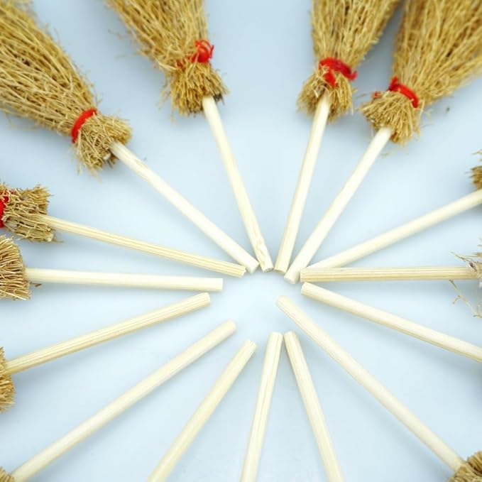 15 PCS Mini Straw Brooms Artificial Miniature Craft Witch Broom with Red Ropes for Hanging Halloween Party Decorative Accessory