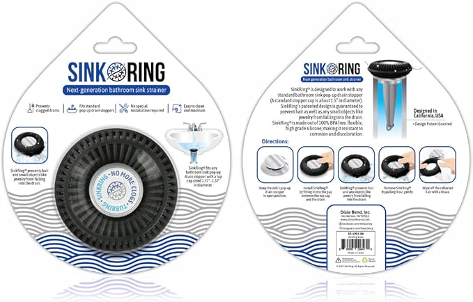 Bathroom Sink Hair Catcher for Pop-Up Drain – SinkRing 1.57" Precision Strainer for Bathroom Sink Drains | Clog-Free Hair Trap for Contacts, Earrings, Jewelry | No Suction or Screws – Black