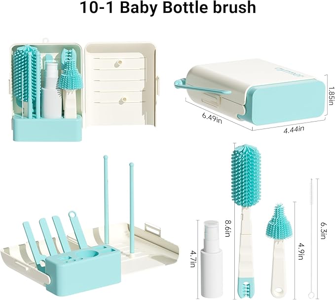 Baby Bottle Brush Cleaner Set - 10 in 1 Travel Bottle Cleaning Brush Kit with Silicone Bottle Brush, Nipple Brush, Soap Dispenser, Portable Drying Rack, Breast Pump & Bottle Cleaning Kit - Lake Green