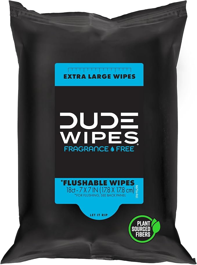 DUDE Wipes Unscented Travel Wipes - 1 pack (18 Count) - Extra-Large Adult Flushable Wipes for Sensitive Skin - Infused with Vitamin E and Aloe - Septic and Sewer Safe