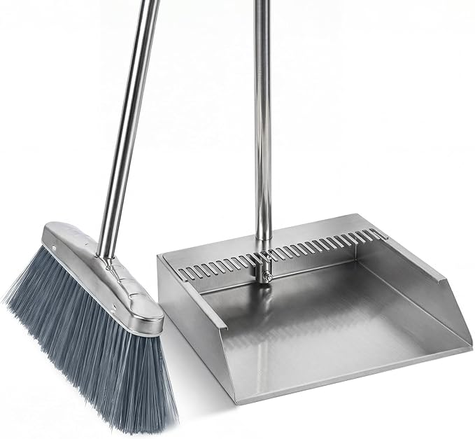 Metal Dustpan with Broom Combo Set, Heavy Duty 304 Stainless Steel 1mm Thick Dust Pan Supports Adult Weight, Long Handle Self-Standing Upright Broom for Home Kitchen Garage Cleaning