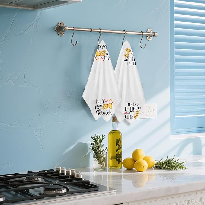 Hanamiya Na 2Pcs Cute Cat Kitchen Towels 24x14 Inch, Make from Scratch, Absorbent Microfiber Dish Cloth Tea Towel, Waffle Hand Towels for Kitchen Home Bathroom, Cat Lover Gifts