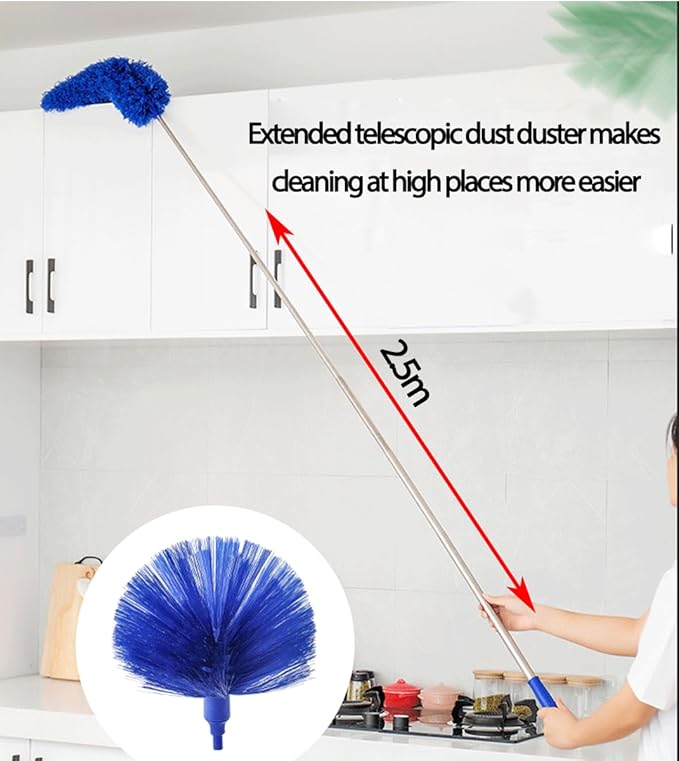 Cobweb Duster with Extension Pole, Ceiling Cob Web Cleaner Kit with 2 Duster Heads, 15-100 Inch Telescopic Microfiber Cleaning Duster, Long Corner Duster Tool for High Walls, Fans, Blinds Blue