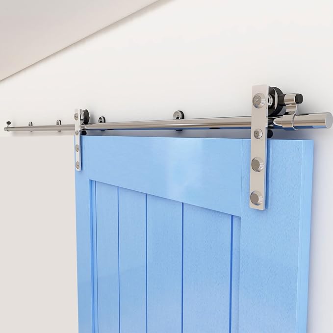 CCJH 12FT Stainless Sliding Barn Door Hardware Kit Heavy Duty for Single Wooden Door (Flat Shape Hanger)