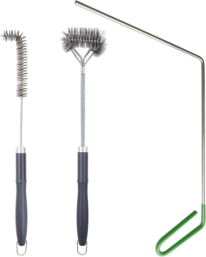 SUNRISE Fryer Brush with Long Handle (Stainless Steel with Plastic Handle, L, Double Brush, and Rubber Handle Cleaning Rod)