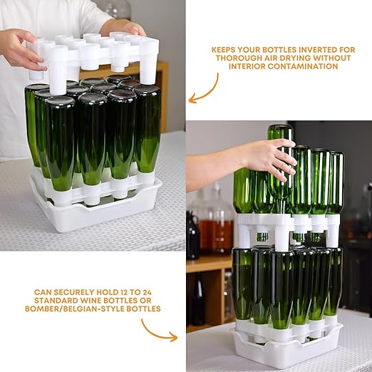 FASTFERMENT - 12-Bottle Drying Rack & Tray| Bottle Drying Tree Alternative | Dry & Store your Wine or Bomber/Belgian Bottles | Stackable | White | Dishwasher Safe | Home Brewing Supplies