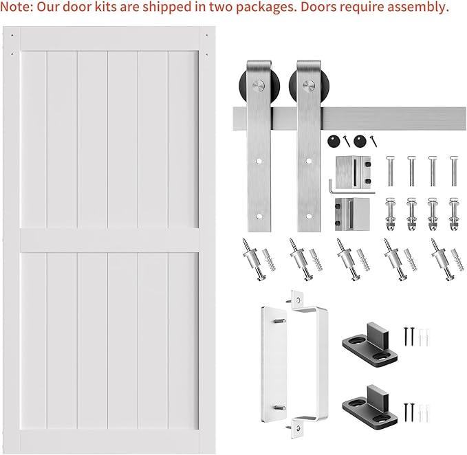 SmartStandard 42 x 84 inch White Sliding MDF Barn Door with 7FT Brushed Nickel Sliding Door Hardware Kit & Handle, Pre-Drilled Ready to Assemble, Waterproof PVC Coating, H-Frame