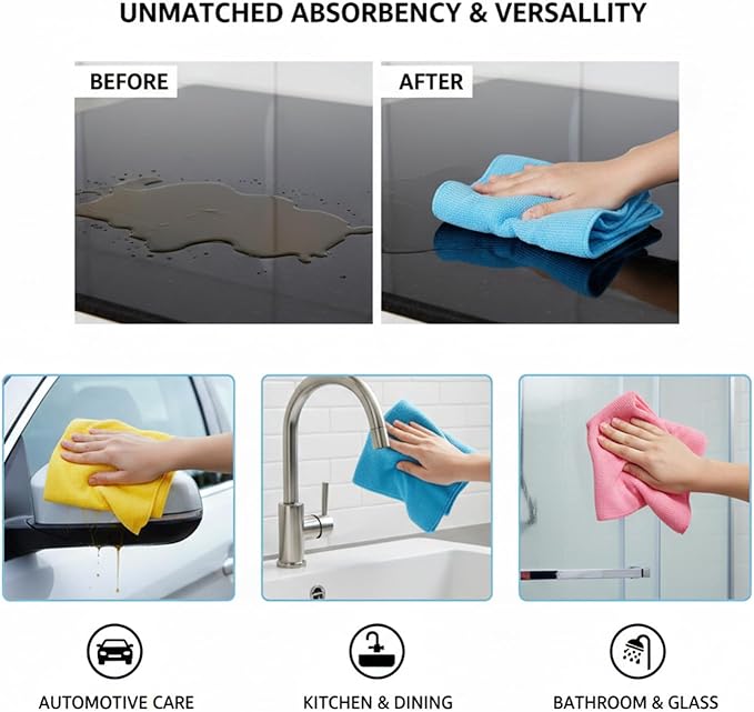 Microfiber Cleaning Cloths | Ultra Absorbent | Lint Free | Streak Free | Non-Abrasive | Reusable and Washable | 12" x 12" | Pack of 12