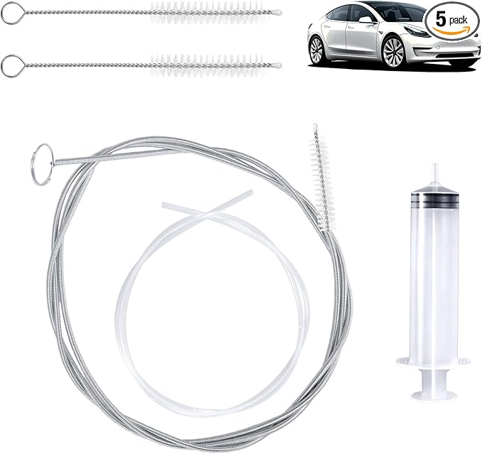 Auto Sunroof Drain Cleaning Tool Kit, 55.1in Long Pipe Cleaners with Tube Cleaning Brush Syringe Hose Syringe Flexible Soft Drain Brush for Car Sunroof Trunk Wiper Hole (Spring Type)