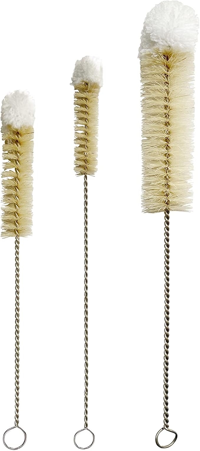 NewFerU Stainless Steel Soda Bottle Cleaning Brush Set in Natural Boar Bristle Wool Tip Long Handle, Flexible Bendable Thick Wire Cleaner for Narrow Neck Water Baby Bottles Straw Pipe Tube Flask (3)