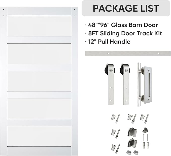 BARNSMITH 48in x 96in Glass Barn Door and 8FT Nickle Sliding Door Hardware Included, 5-Panel Frosted Glass Sliding Barn Door, Solid Wood Covered with Water-Proof PVC Surface, Easy Assembly, White