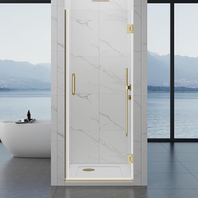 Framelss Single Swing Hinged Shower Door, 28" W x 76" H Pivot Shower Door, 5/16" (8mm) Tempered Glass with Nano Coating, SGCC Certified, Glass Door for Walk-in Shower - L02-28 (Brushed Gold)