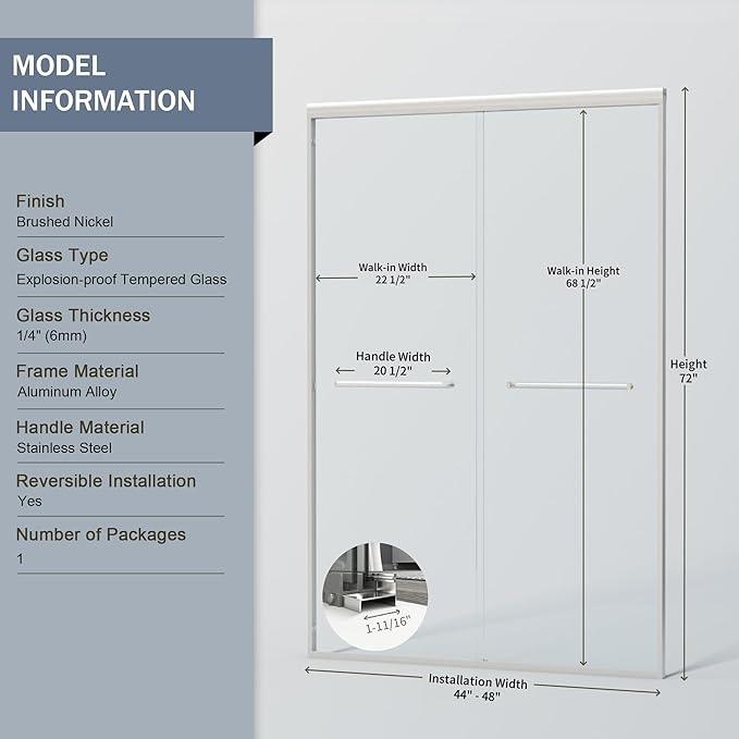 44-48 in. W x 72 in. H Double Sliding Shower Door, Semi-Frameless Bypass Bathroom Sliding Door with 1/4" (6mm) Tempered Glass for Walk-in Shower, Brushed Nickel