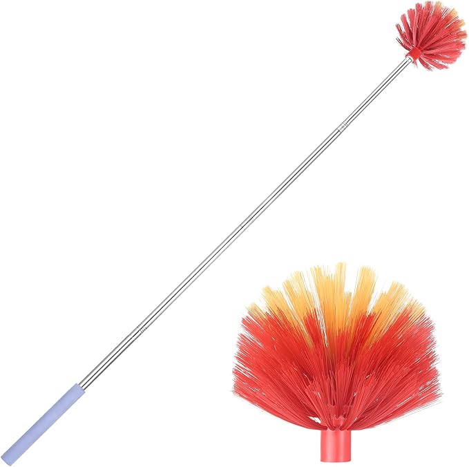 Cobweb Duster with Extension Pole, 59" Adjustable Stainless Steel Pole, Washable Duster with Medium-Stiff Bristles for Ceiling Fan, High Ceilings, Blinds, Furniture, Kitchen, and Home Cleaning