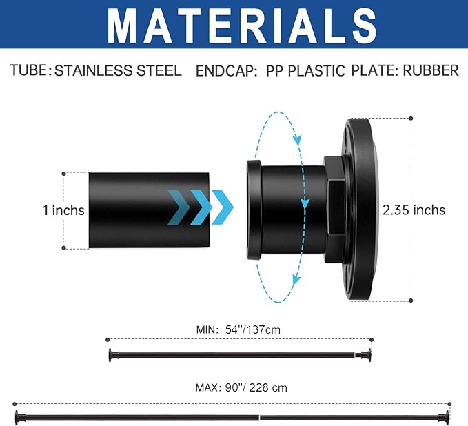 BRIOFOX Industrial Shower Curtain Rod - 2-in-1 Design Tension Curtain Rod - Rustproof Non-Slip 54 to 90 Inch Stainless Steel, Matte Black Window Curtain Rod