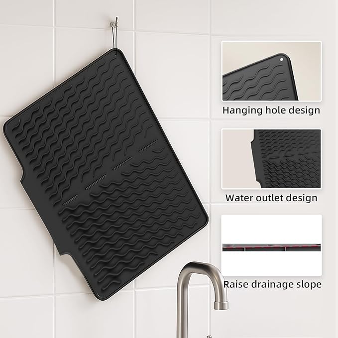 Dish drying mats for kitchen counter, Silicone dish drying mat ,Heat resistant mats for countertop,With drain port ,Stone drying mat for kitchen counter (15.6" x 13", black)