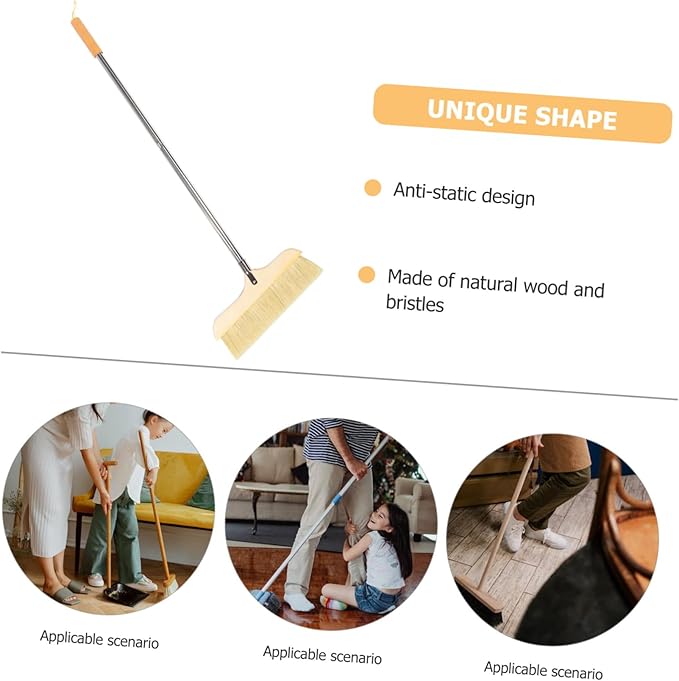 Natural Bristle Broom Soft Floor Brush Stainless Steel Pole Home Cleaning Tool