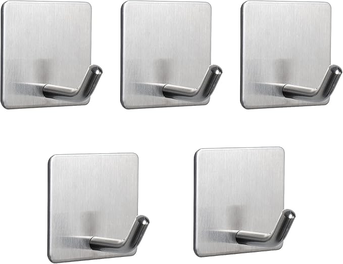 NearMoon Adhesive Hooks- Heavy Duty Bath Wall Hooks Waterproof Stainless Steel Towel Hangers Stick on Wall Clothes Holders for Bathroom Kitchen Home, 5 Pack (Brushed Nickel)