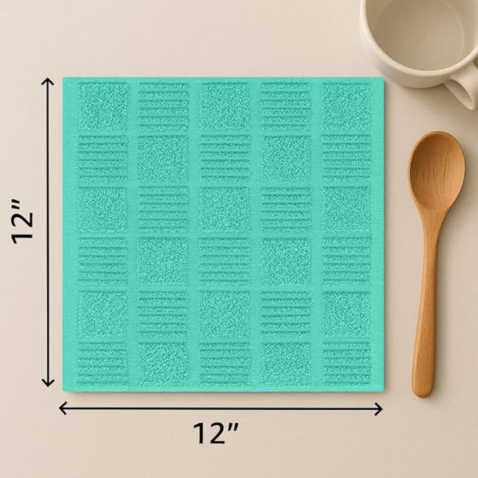 DecorRack 10 Pack 100% Cotton Kitchen Towels, 12x12 inch Soft Terry Dishcloths, Absorbent Hand Towels for Cleaning, Drying & Dishes, Plaid Pattern Cleaning Rags, Turquoise (Pack of 10)