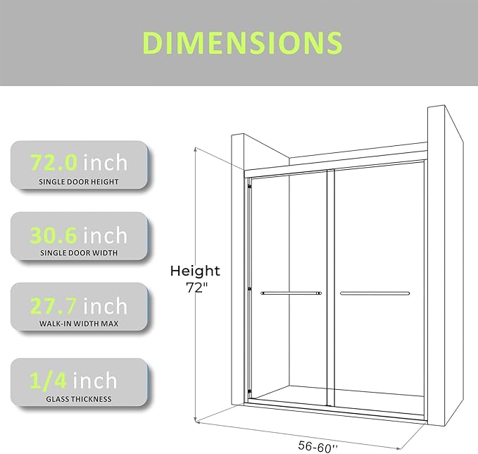 Glass Shower Door,56-60'' W x 72''H Bypass Sliding Door Semi-Frameless Shower Enclosure 1/4"(6mm) Glass Sliding Bathroom Door,Brushed Gold Stainless Steel Hardwares