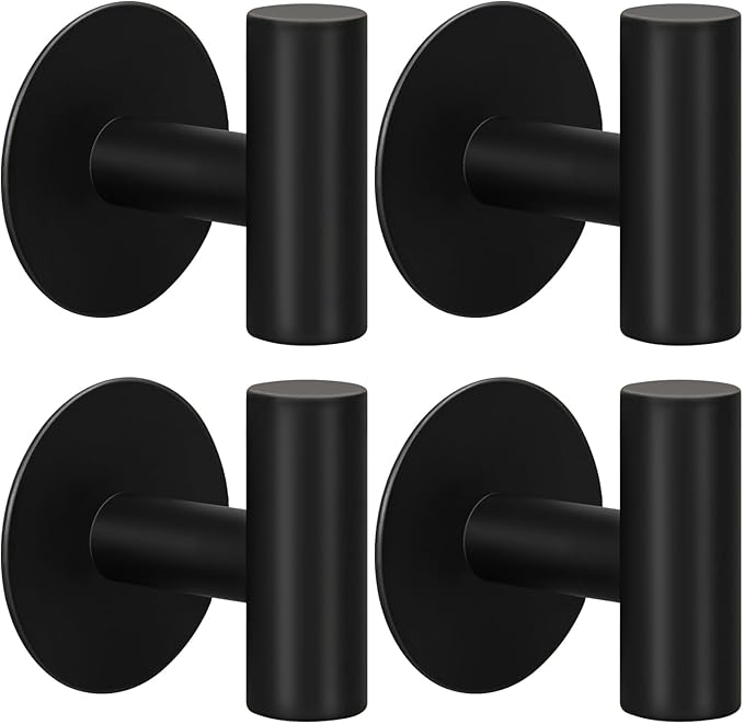 4 Pack Adhesive Hooks, Heavy Duty Adhesive Wall Hooks, Waterproof Stainless Steel for Bedroom Kitchen Hotel Office(4 Pack, Matte Black)