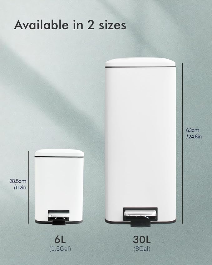 Bathroom Trash Can with Lid, 6 Liter / 1.6 Gallon Small Trash Can with Removable Liner Bucket, Soft Close lid & Step Pedal, White Stainless Steel Garbage Can for Bedroom, Office, Dorm