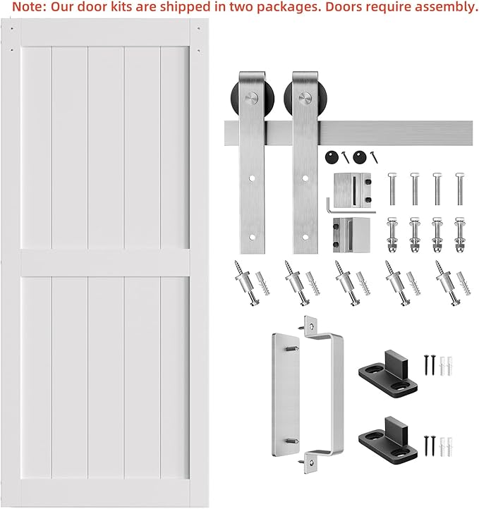 SmartStandard 34 x 84 inch White Sliding MDF Barn Door with 6FT Brushed Nickel Sliding Door Hardware Kit & Handle, Pre-Drilled Ready to Assemble, Waterproof PVC Coating, H-Frame