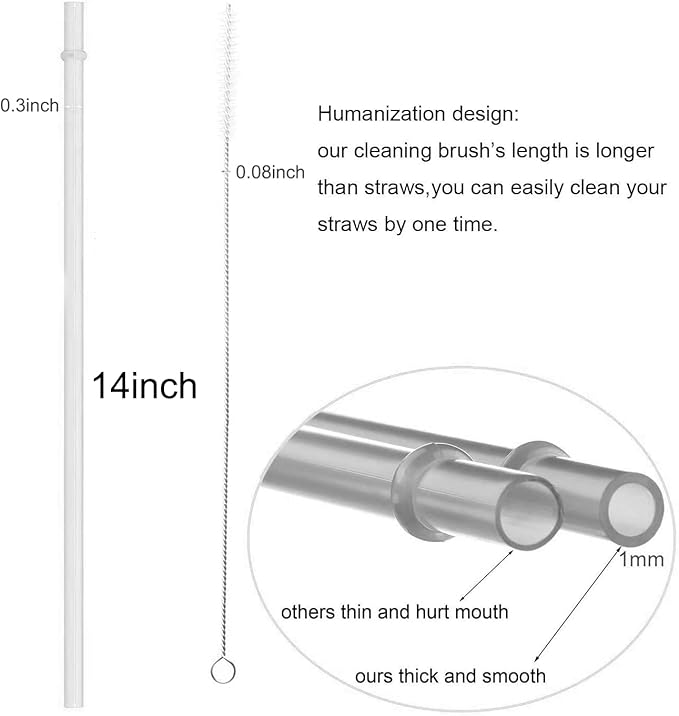 DAKOUFISH 14 inch Long Reusable Clear Plastic Replacement Drinking Straws for 100 oz & 64 oz & 32 oz water bottles,Tumblers, Set of 12 with Cleaning Brush (14inch, Clear)