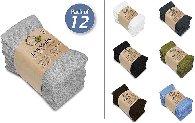Softolle Bar Mop Towels, Pack of 12-16x19 Inches - 100% Cotton Super Absorbent Towels, Multi-Purpose for Home and Bar Cleaning (Silver Grey)
