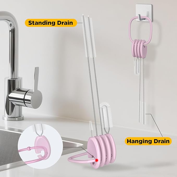 Straw Brush Set, 4 Piece Cleaner Kit with Standable Key Ring for Reusable Straws, Tumblers & Water Bottles – Designed for Kids & Adults, Pink