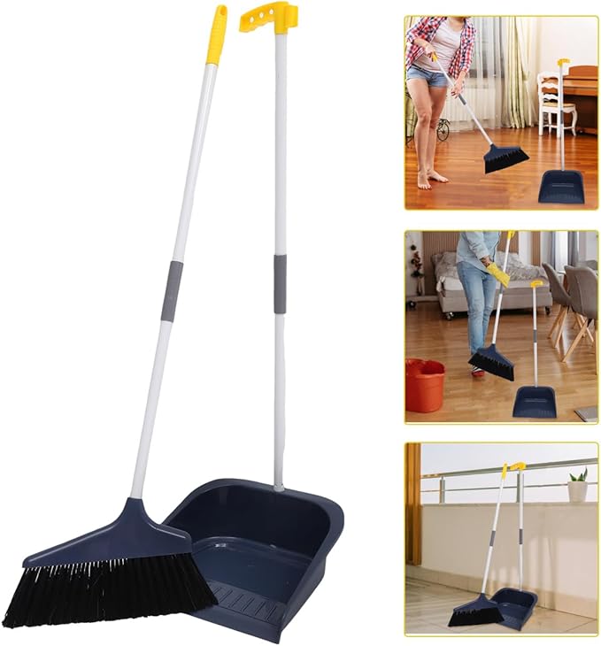 Soft Bristle Broom and Dustpan Set with Stainless Steel Handle, Magnetic Clip, and Long Reach for Home and Pet Hair Cleaning, Easy Hair Removal,Perfect for Indoor Floors and Sofa Areas