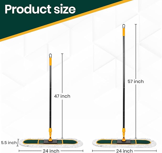 24 Inch Commercial Dust Mop for Floor Cleaning-Heavy Duty Dry & Wet Push Broom with 3 Washable Pads, 57" Handle & 360° Swivel Floor Duster for Hardwood, Laminate, Vinyl Floors & Warehouse