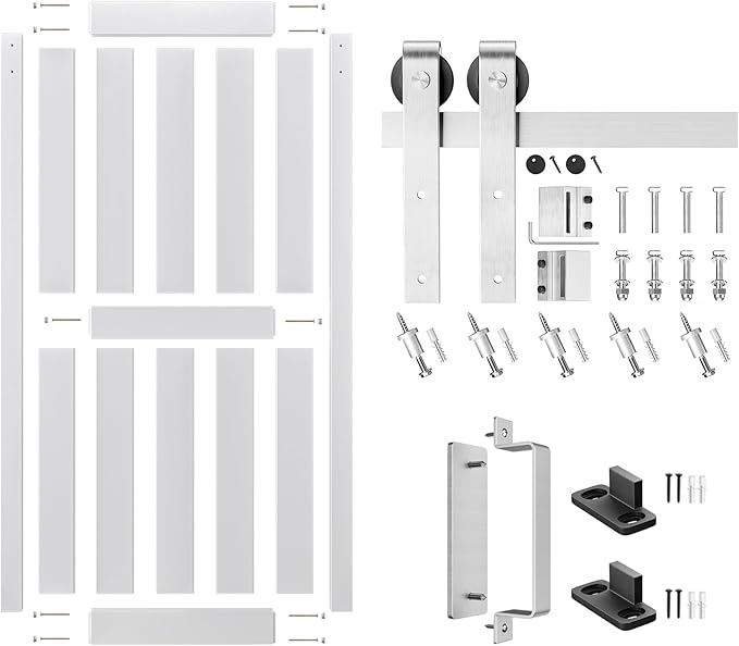 34''x84'' Sliding Barn Door with 6 Ft Brushed Nickel Hardware Kit& Handle& Floor Guides,Pre-Drilled Holes Easy Assembly - Include Installation Manual, Water-Proof PVC Surface, H-Frame