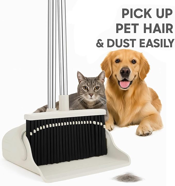 Broom and Dustpan Set,Standing Dustpan Broom Set,Broom with Dustpan,Broom and Dustpan,Broom Dustpan Set with Rubber Lip Dustpan, Indoor Broom Cleaning Set for Home Kitchen Room Floor Sweeping