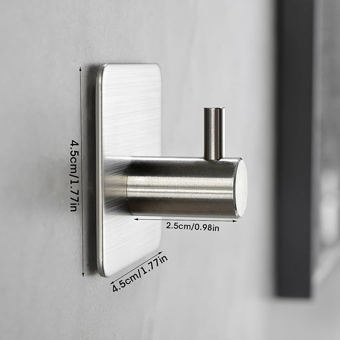 YIGII Silver Adhesive Towel Hooks - 4 Pack Stainless Steel Wall Hook for Hanging Towels, Robe, Coat, Heavy Duty Coat Hooks Stick on Bathroom, Kitchen