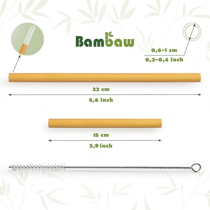 Bambaw Bamboo Straws Reusable With Cleaner Brush & Pouch, Eco-Friendly Dishwasher Safe, Pack of 12 - 5.9'' & 8.7''