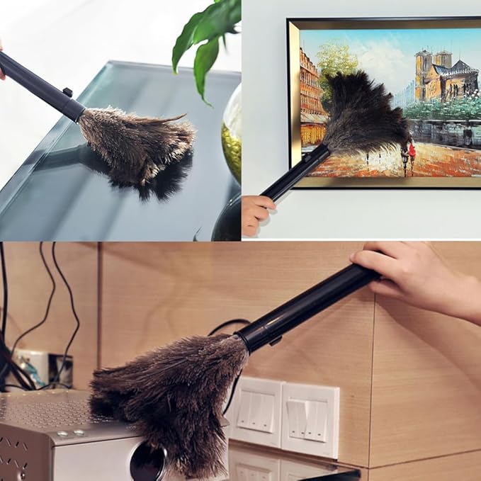 2pcs Ostrich Feather Duster for Cleaning, 9.8-16 inch Fluffy Natural Retractable Feather Duster with Retractable Handle (Black)