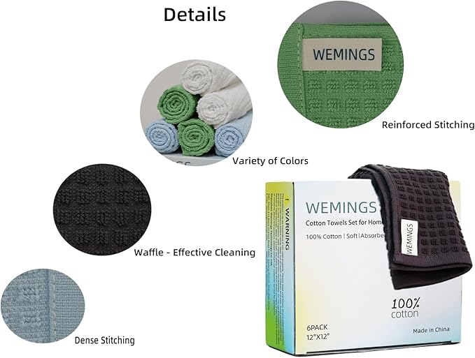 Cotton Dishcloths Set for Home and Kitchen Cleaning- 12x12 Inches Pack of 6- Dish Cloths,Dish Towels,Dish Rags - with Hanging Loop - 100% Cotton,Soft,Absorbent (Grey, 6)
