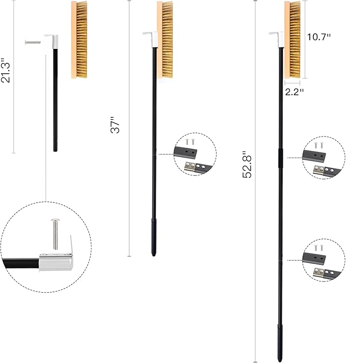 Large Pizza Oven Brush with Scraper, 10.7" Length Brass Bristles Grill Brush with 37 or 52.8 Inch Long Handle, Backyard Pizza Oven Accessories