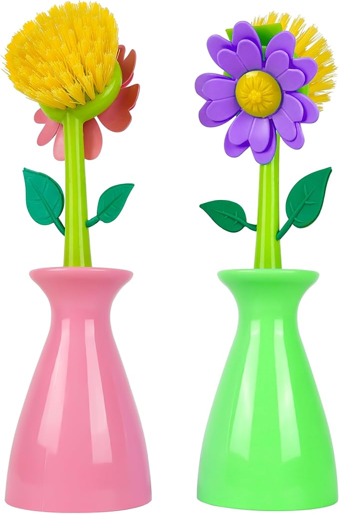 Long Handle Vegetable and Fruit Brush, Florganic Dish Brush with Vase, Long Handle Dish Brush Kitchen, for Cleaning Pot Pan Sink Kitchen Supplies Decorative Vase (2 Pcs Green, Pink)