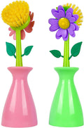 Long Handle Vegetable and Fruit Brush, Florganic Dish Brush with Vase, Long Handle Dish Brush Kitchen, for Cleaning Pot Pan Sink Kitchen Supplies Decorative Vase (2 Pcs Green, Pink)