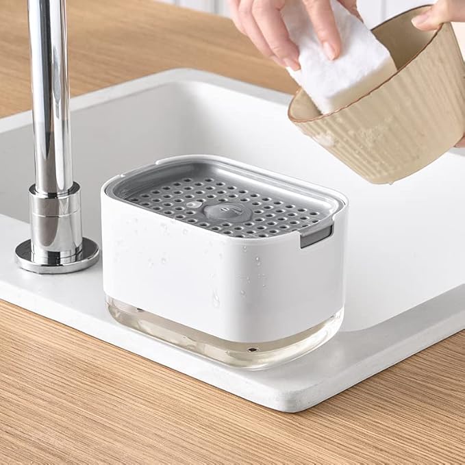 Kitchen Dish Soap Dispenser with Sponge Holder, 2-in-1 Countertop Soap Pump Dispenser, Soap Dispenser for Kitchen Sink with 2-Packs Wire Dishwashing Rag,White