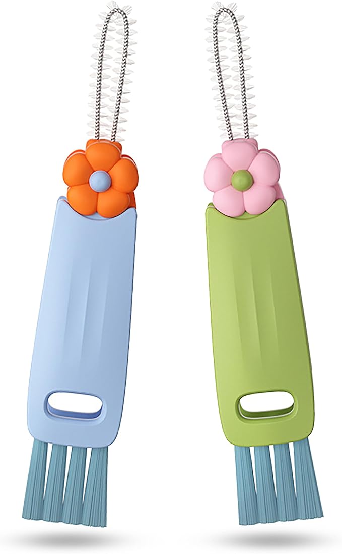 3 in 1 Cup Lid Gap Cleaning Brush Multifunctional Bottle Cleaning Brush for Water Bottle Cup Lid Gap for Gaps of Various Containers (Blue Green(Flower))