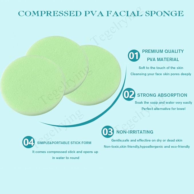 Facial Sponge Compressed,60 Pcs PVA Professional Makeup Removal Wash Round Face Sponges Spa Pads Exfoliating Cleansing for Women,Green