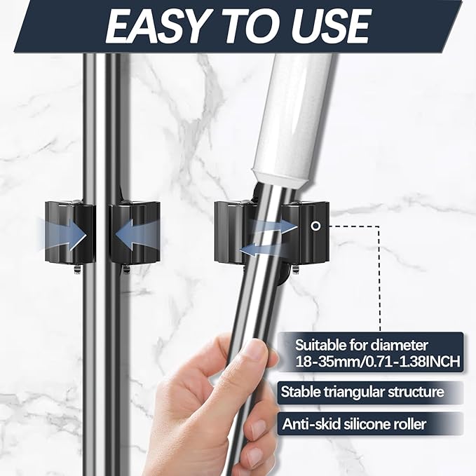 3-H Stainless Steel Broom Holder Wall Mount 4-Pack-Heavy Duty Mop Organizer, Wall Mounted Broom Storage with Secure Mounting for Laundry Garage Bathroom