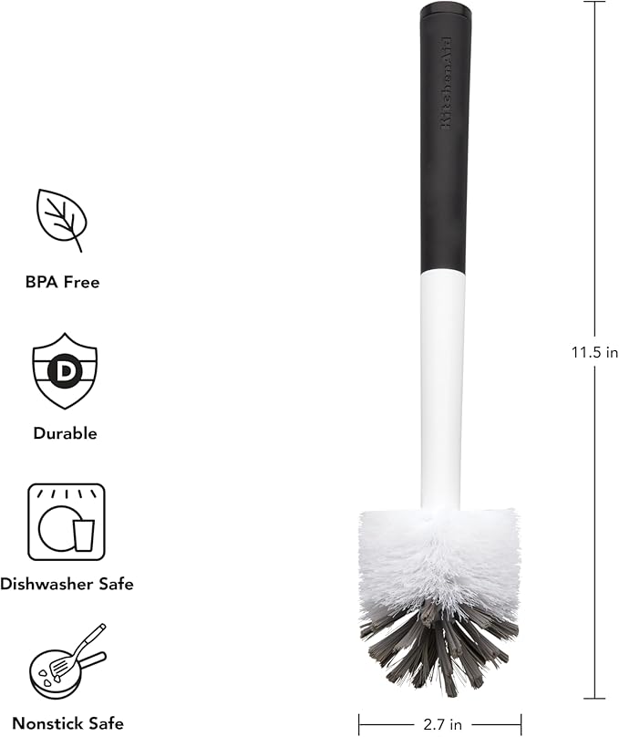 KitchenAid Narrow Neck Bottle Brush for Travel Mugs, Water Bottles, Vases, and More, Non Slip Comfort Grip Handle, Black and White