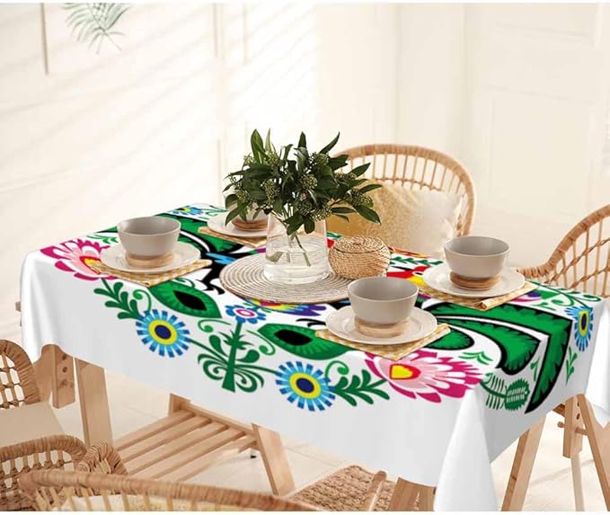Rooster Table Cloth Rectangle Table Polish Folk Art Floral Leaves Flowers Cock 52x70 Tablecloths Decorative for Dining Kitchen Banquet Picnic Party