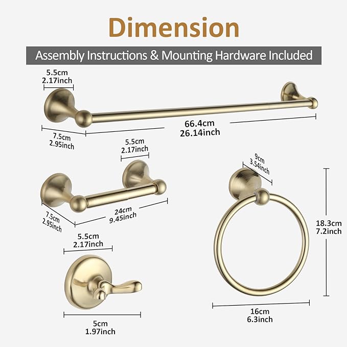 BGL Bathroom Accessories Set, Brushed Brass Towel Holder for Bathroom, 4-Piece Towel Ring, Robe Hook, Toilet Paper Holder Wall Mounted